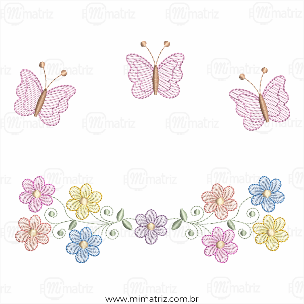 Matriz de Bordado Flores com Borboletas 3D - Pontos Leves - M.000190