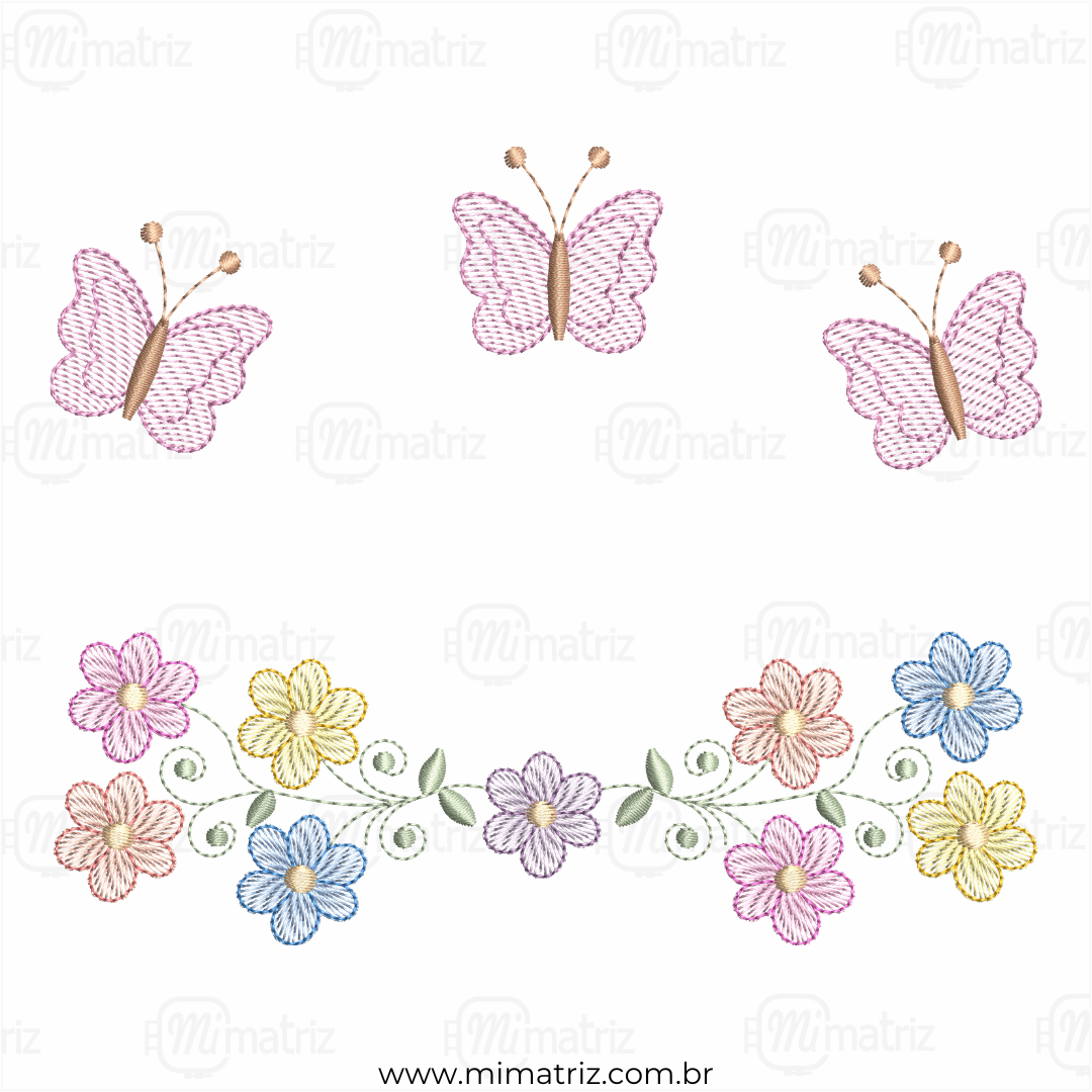 Matriz de Bordado Flores com Borboletas 3D - Pontos Leves - M.000190