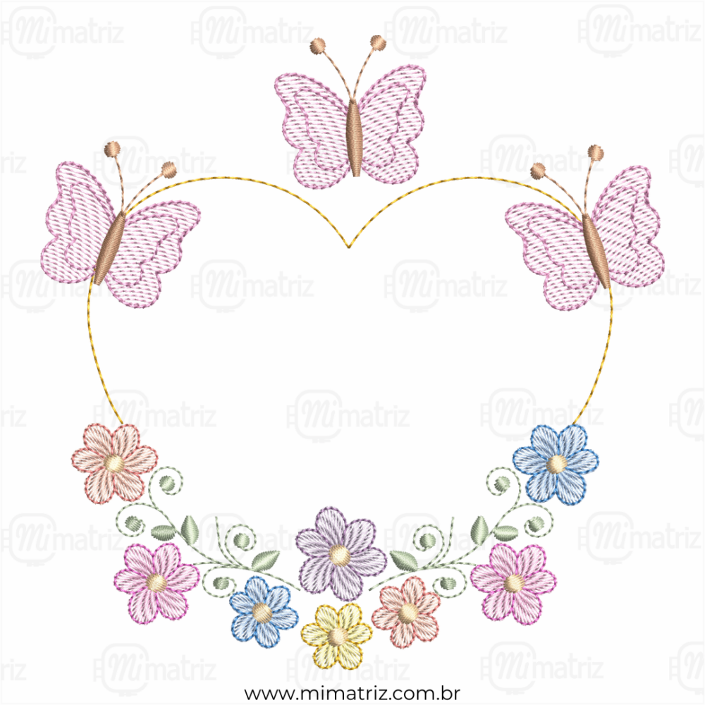 Matriz de Bordado Flores com Borboletas 3D - Pontos Leves - M.000193